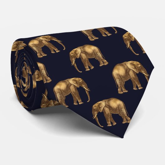 ネイビーブルーのアフリカゾウ模様 ネクタイ (ロール)