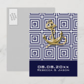 ネイビーブルーのアンカーの海事ウェディング・セーブ・ザ・デート 案内ポストカード (正面/裏面)