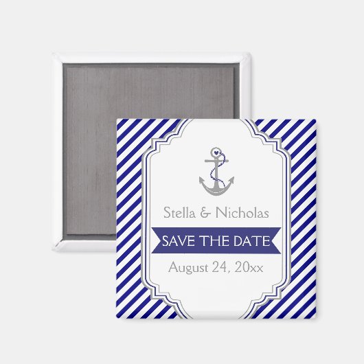 ネイビーブルーのアンカーの海事結婚式 Save the Date マグネット (正面/裏面)