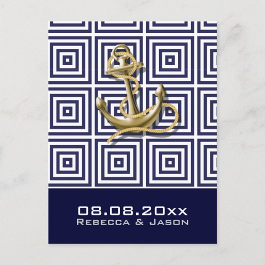 ネイビーブルーのアンカーを使った海事をテーマにした結婚式のSave the Date 案内ポストカード (正面)