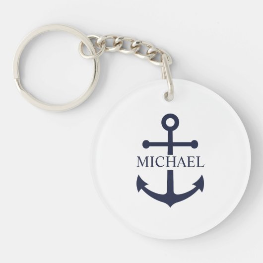 ネイビーブルーのアンカーカスタムネーム キーホルダー (正面)