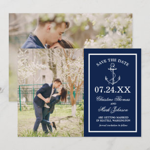 ネイビーブルーのアンカー2 フォト セーブ・ザ・デート 招待状
