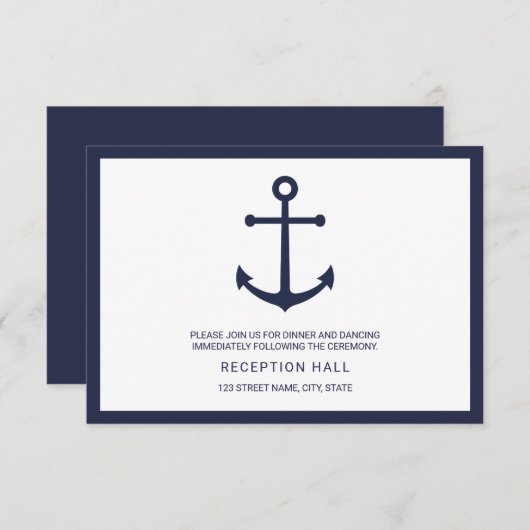 ネイビーブルーのアンカー ウェディング レセプション 招待状 (正面/裏面)