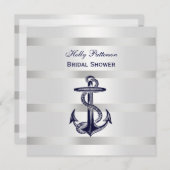 ネイビーブルーのアンカー シルバー 青海波 スクエア ブライダルシャワー 招待状 (正面/裏面)