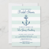 ネイビーブルーのアンカー＆ミントのストライプ柄の結婚前お披露目パーティー 招待状 (正面)