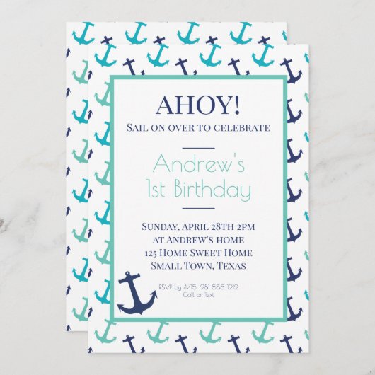 ネイビーブルーのアンカー 招待状 (正面/裏面)