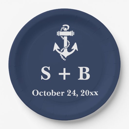 ネイビーブルーのアンカー Nautical ビーチ オーシャン ウェディング ペーパープレート (正面)