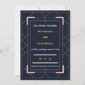 ネイビーブルーのアートデコ ローズゴールド幾何学模様の結婚式 招待状 (正面)