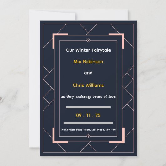 ネイビーブルーのアートデコ ローズゴールド幾何学模様の結婚式 招待状 (正面)