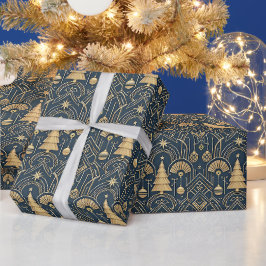 ネイビーブルーのアールデコ調クリスマスツリーパターン ラッピングペーパー