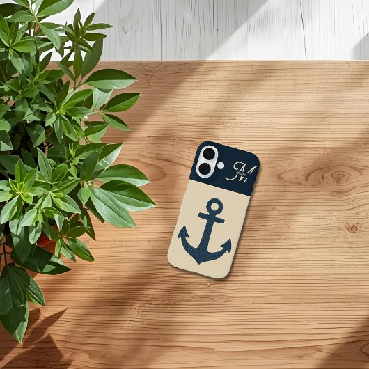 ネイビーブルーのイカリとモノグラムのベージュ コーストデザイン Case-Mate iPhoneケース