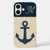 ネイビーブルーのイカリとモノグラムのベージュ コーストデザイン Case-Mate iPhoneケース (裏面)