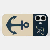 ネイビーブルーのイカリとモノグラムのベージュ コーストデザイン Case-Mate iPhoneケース (裏面 (横))