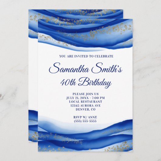 ネイビーブルーのインクにゴールドフレークのジオード 40歳の誕生日 招待状 (正面/裏面)