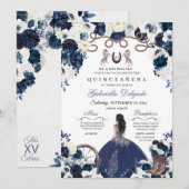 ネイビーブルーのウェスタンチャラガールランチェロキンセアニェラ 招待状 (正面/裏面)