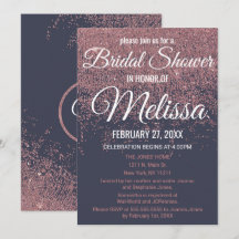 ネイビーブルーのウェディングシャワーローズゴールドグリッターが輝く、エレガントな花嫁のシャワー