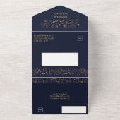 ネイビーブルーのウェディングドレスにゴールドの華やかな花模様が施されたデザイン | A オールインワン招待状 (外側)