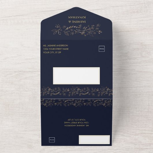 ネイビーブルーのウェディングドレスにゴールドの華やかな花模様が施されたデザイン | A オールインワン招待状 (外側)