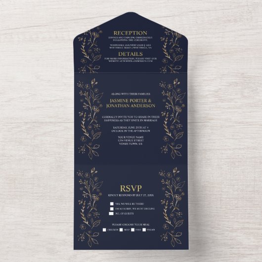 ネイビーブルーのウェディングドレスにゴールドの華やかな花模様が施されたデザイン | A オールインワン招待状 (内側)