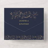 ネイビーブルーのウェディングドレスにゴールドの華やかな花模様が施されたデザイン | A オールインワン招待状 (裏面)