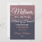 ネイビーブルーのウェディングパーティーお願いメッセージが輝くローズゴールドグリッター 招待状 (正面)