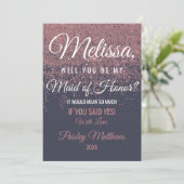 ネイビーブルーのウェディングパーティーお願いメッセージが輝くローズゴールドグリッター 招待状 (スタンド正面)