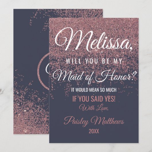 ネイビーブルーのウェディングパーティーお願いメッセージが輝くローズゴールドグリッター 招待状 (正面/裏面)