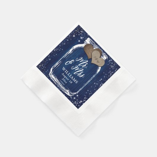 ネイビーブルーのウッド・メイソン・ジャー結婚&ミセス 縁ありカクテルナプキン (角)