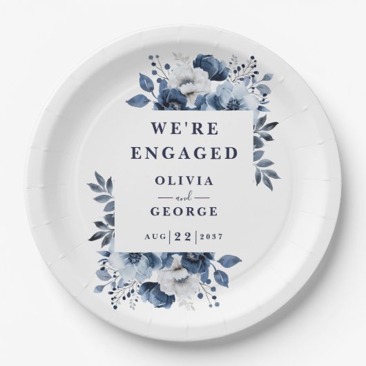 ネイビーブルーのエレガントなカントリー フラワエンゲージメントパーティー ペーパープレート (正面)