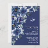 ネイビーブルーのエレガントなフラワーのウェディング 招待状 (正面)