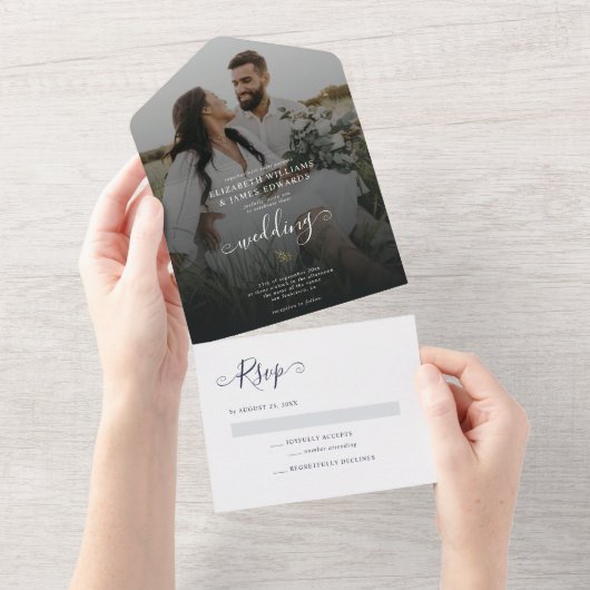 ネイビーブルーのエレガントなモダンボホ婚 オールインワン招待状 (貼ってはがせる)