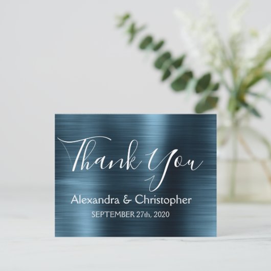 ネイビーブルーのエレガントな結婚式のお礼 ポストカード (スタンド正面)