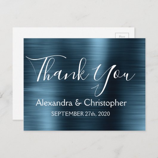ネイビーブルーのエレガントな結婚式のお礼 ポストカード (正面/裏面)