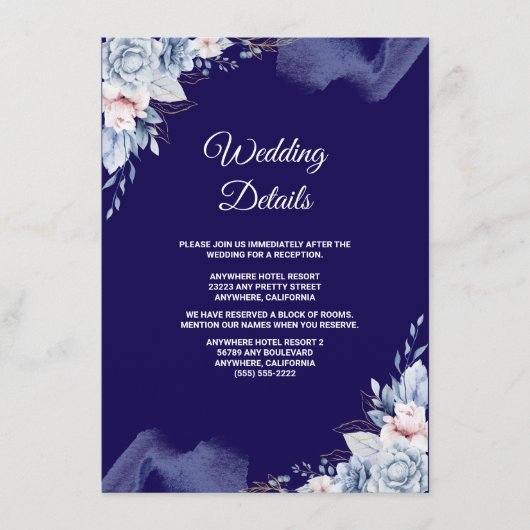 ネイビーブルーのエレガントな結婚式 エンクロージャーカード (正面)