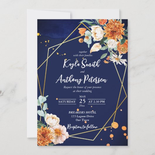 ネイビーブルーのオレンジ色の白いバラの結婚式の招待 招待状 (正面)
