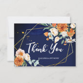 ネイビーブルーのオレンジ色の白いバラ結婚ズ サンキューカード (正面)