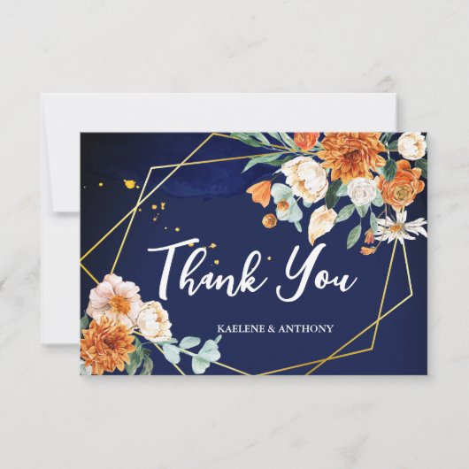ネイビーブルーのオレンジ色の白いバラ結婚ズ サンキューカード (正面)