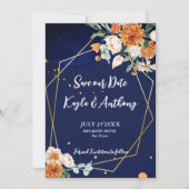 ネイビーブルーのオレンジ色の白いバラ結婚ズ セーブザデート (正面)