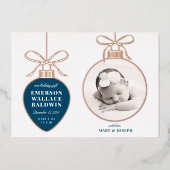 ネイビーブルーのオーナメント ベビーお知らせ ホリデーカード 箔シーズンカード (正面)