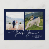 ネイビーブルーのカジュアルスクリプト写真ウェディング感謝メッセージ ポストカード (正面)