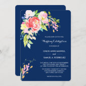 ネイビーブルーのカタイルと結婚フローラ 招待状 (正面/裏面)