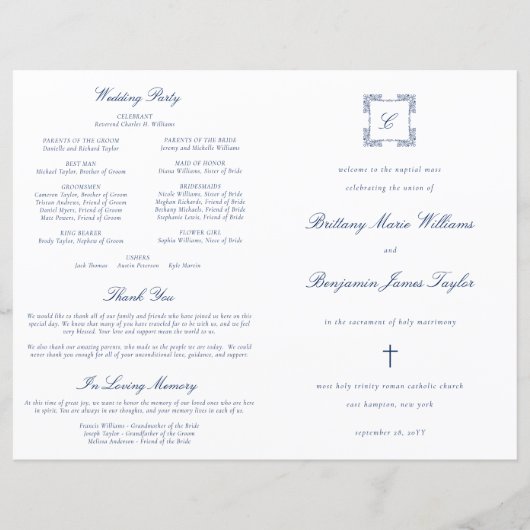 ネイビーブルーのカトリック結婚式ミサプログラム (正面)