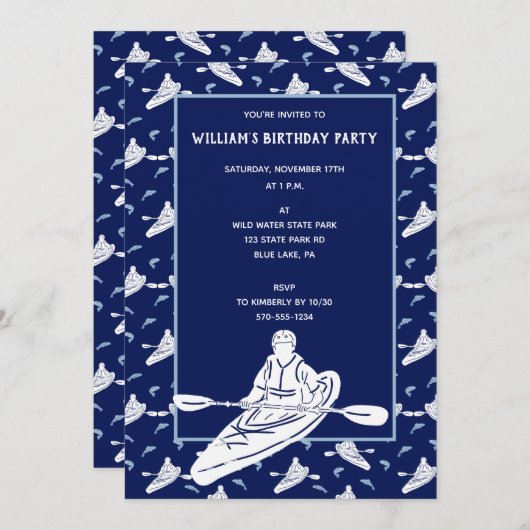 ネイビーブルーのカヤックパターン カヤキングをテーマにしたパーティー 招待状 (正面/裏面)