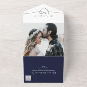 ネイビーブルーのカリグラフィー結婚式 オールインワン招待状 (外側)