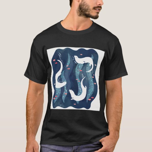 ネイビーブルーのカワウソの泳ぐ姿 Tシャツ (正面)