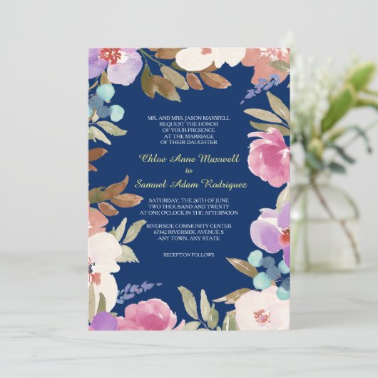 ネイビーブルーのガーデン フラワーの結婚式 招待状 (スタンド正面)