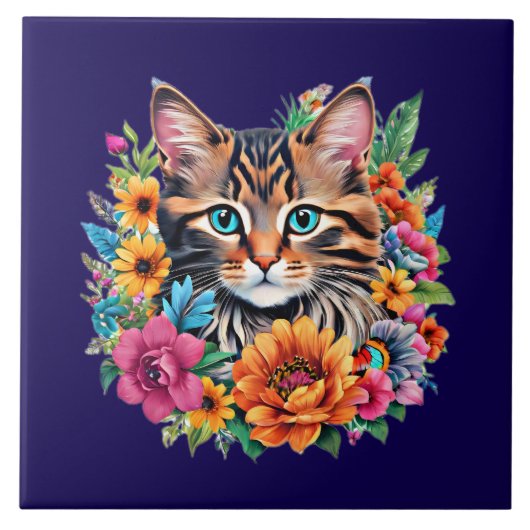 ネイビーブルーのキティ猫 タイル (正面)