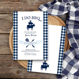 ネイビーブルーのギンガムチェックのヴィンテージブライダルシャワー「I Do BBQ」 招待状