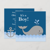 ネイビーブルーのクジラのベビーシャワー 招待状 (正面/裏面)