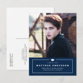 ネイビーブルーのクラシックな卒業帽の写真 卒業のお知らせ 案内ポストカード (正面/裏面)